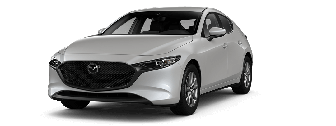 Vue 3/4 avant du Mazda3 Sport GS 2023 blanc flocon de neige nacré.