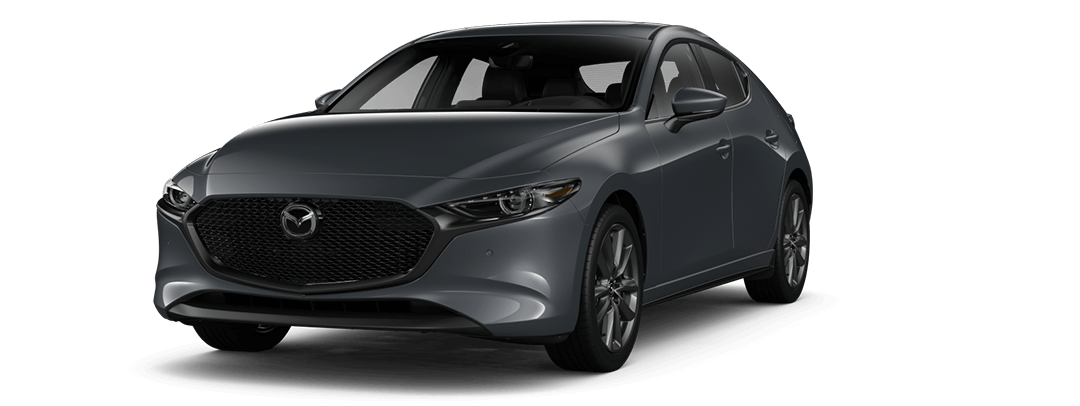 Vue 3/4 avant du Mazda3 Sport GT 2023 polymétal gris métallisé.