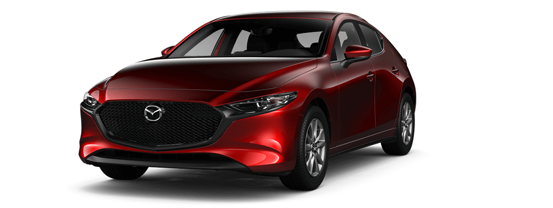 Vue 3/4 avant du Mazda3 Sport GX 2023 rouge cristal métallisé.